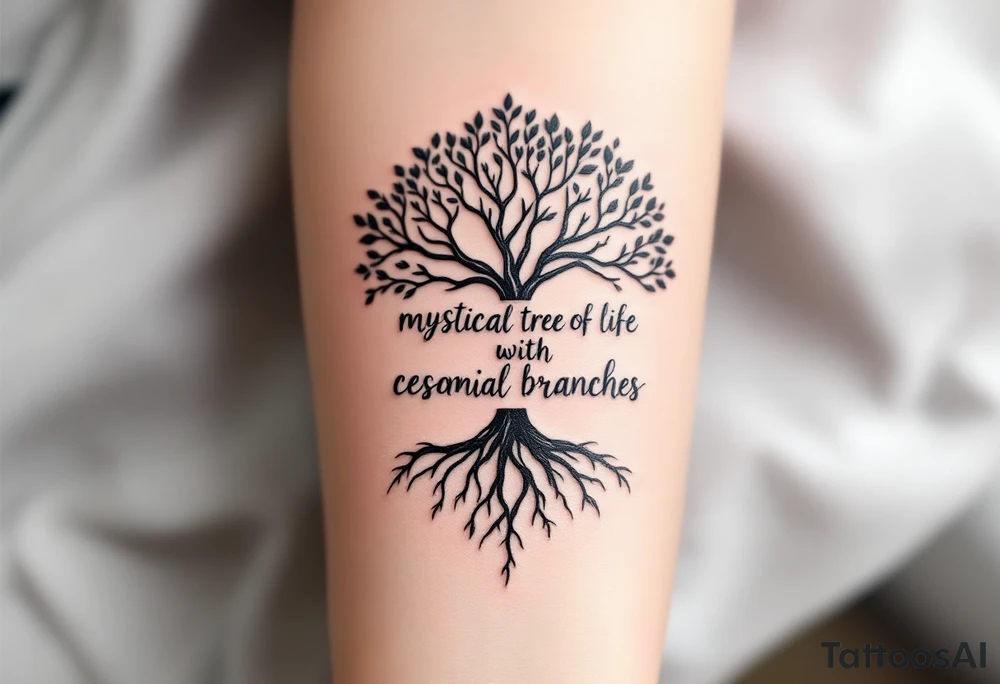 mystical tree of life with cosmic roots and celestial branches tattoo idea