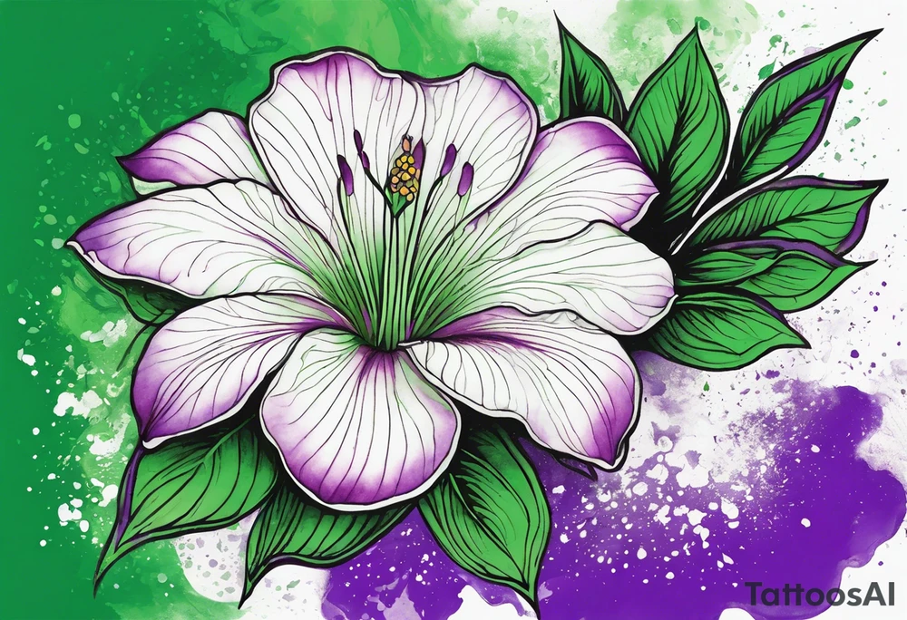 A mystical outline of a green and purple rio dipladenia flower and a green and purple watercolor splash in the background tattoo idea