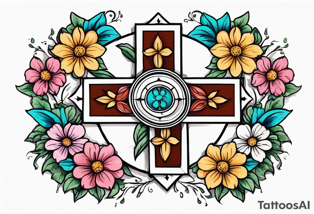 plain cross surrounded with flowers colorful tattoo idea