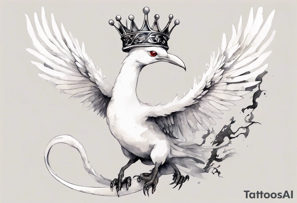 a white bird-serpent hybrid, wearing a small crown on its head, flying in the air tattoo idea