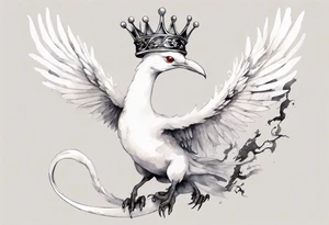 a white bird-serpent hybrid, wearing a small crown on its head, flying in the air tattoo idea