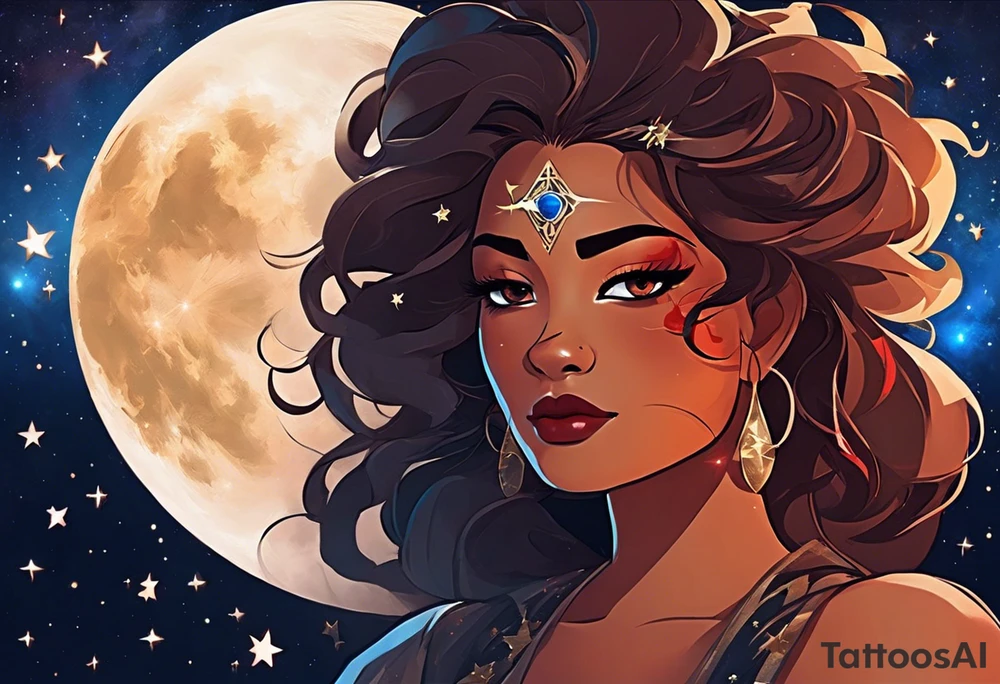 women turning to her side with a small leo zodiac symbol on her forehead, lion scratch scar on her eye and stars, moon and sun floating behind her head. however at the bottom  have her blend away like a smoke effect, you can use Stars or clouds to help fill in space. Also create a somewhat Smokey thin red line wrapping going from the back of the neck to the pinky and overlapping the woman tattoo as well. tattoo idea