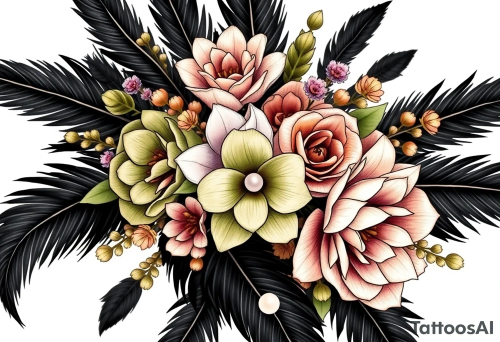 A wedding bouquet of olive green , lavender , rose gold and cream flowers surrounded by black feathers with a single pearl along the spine of the feather tattoo idea