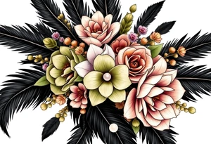 A wedding bouquet of olive green , lavender , rose gold and cream flowers surrounded by black feathers with a single pearl along the spine of the feather tattoo idea