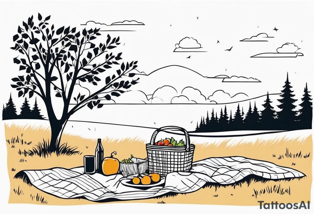 Very light and minimalstic picnic scene on meadow. A blanket with only a picnic-basket with lid on it. Pennants in two trees. Thin lines. tattoo idea