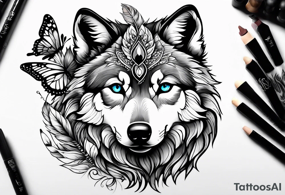 Wolf pup, peacock feather, butterfly,, hummingbird tattoo idea