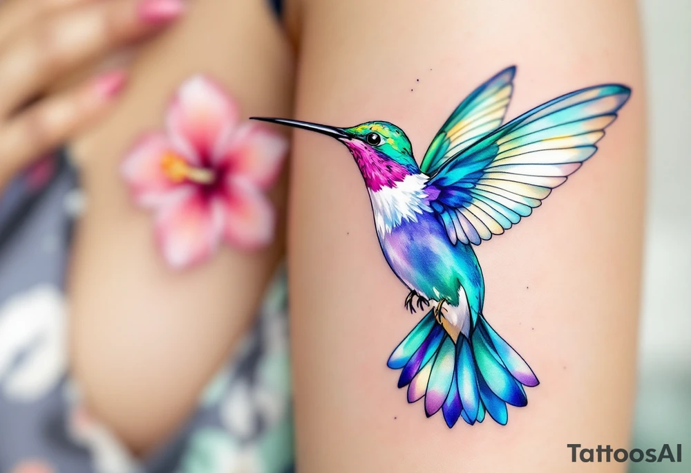 A emerald and sapphire hummingbird in mid-flight, its iridescent feathers shimmering in shades of green, blue, and hints of violet. Its delicate wings are spread wide, capturing intricate details of each feather with a slight motion blur. The hummingbird’s long, slender beak reaches toward a soft pink hibiscus flower, with tiny droplets of nectar visible. tattoo idea