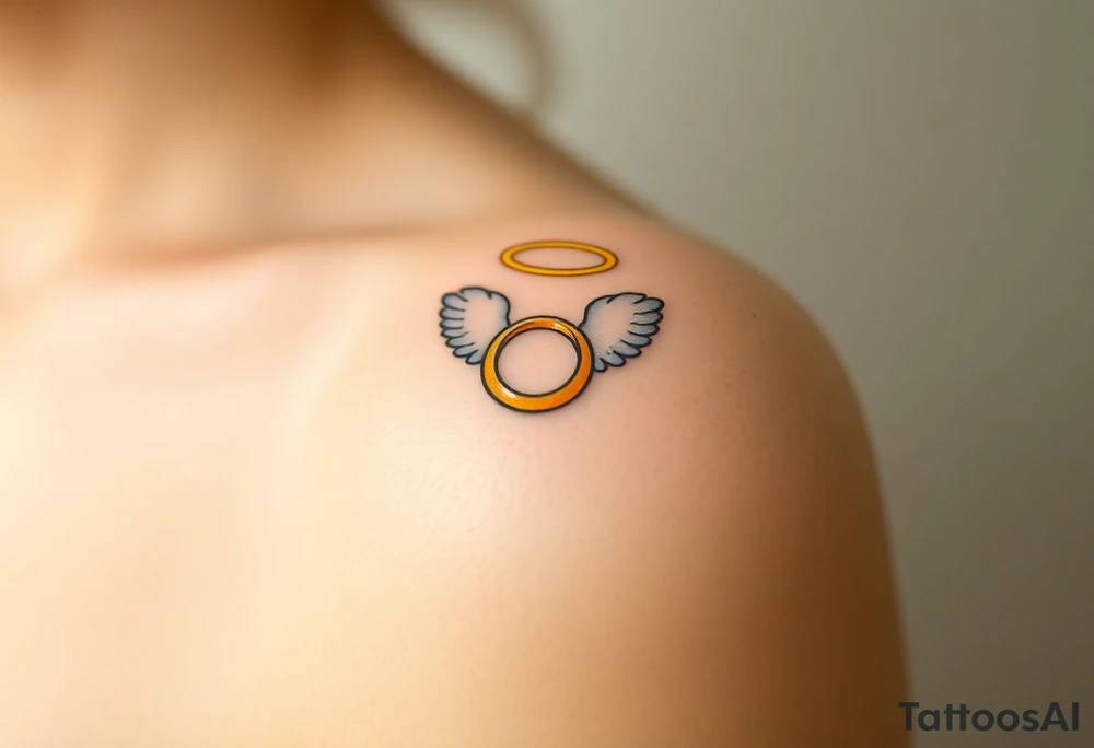 A golden wedding ring floating within an angelic halo, glowing softly. tattoo idea