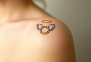 A golden wedding ring floating within an angelic halo, glowing softly. tattoo idea