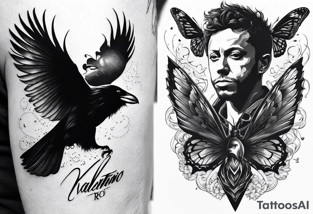 Black and white tattoo. The main image is a raven and a butterfly flying together towards the sky. The raven is shrouded in light and the butterfly in darkness. In the background you can see a 46 (from Valentino Rossi). You can also see a small scorpion and an 89, as well as a large lettering that reads "SKF". tattoo idea