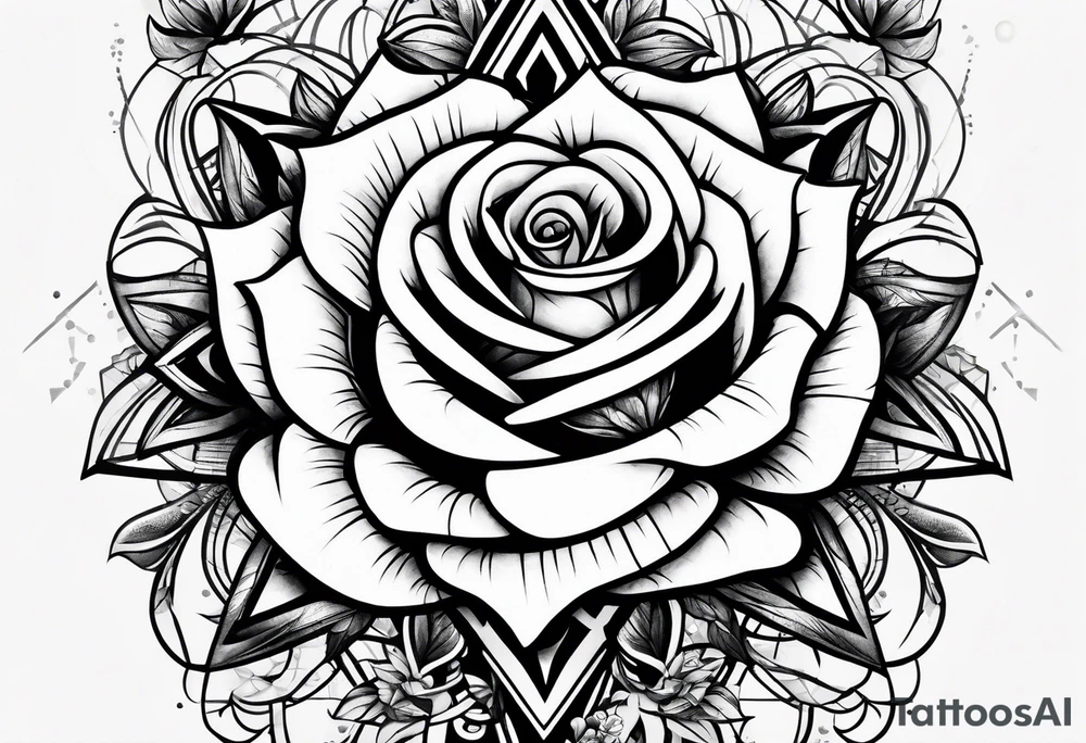 knee tattoo with geometry, roses and swirl washes in background tattoo idea