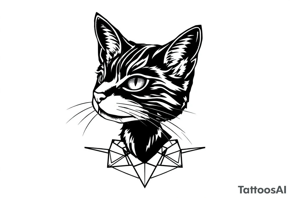 Female black cat head with geometric boarder tattoo idea