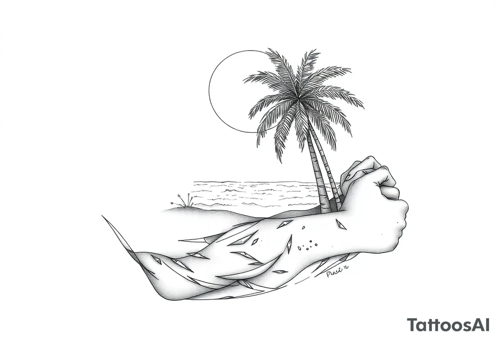fine line, peaceful, serene, timeless, ocean, sand, palm tree, sun tattoo idea