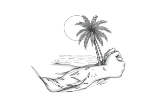 fine line, peaceful, serene, timeless, ocean, sand, palm tree, sun tattoo idea