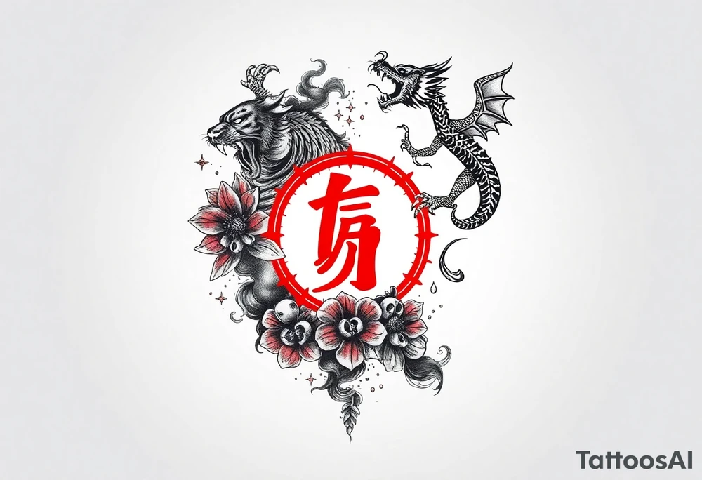 Dragon flying up on right side, tiger with skulls crawling down on left, centered kanji tattoo (red), big red spider lilies in background, smoke/cloud effects. Outer forearm sleeve tattoo idea