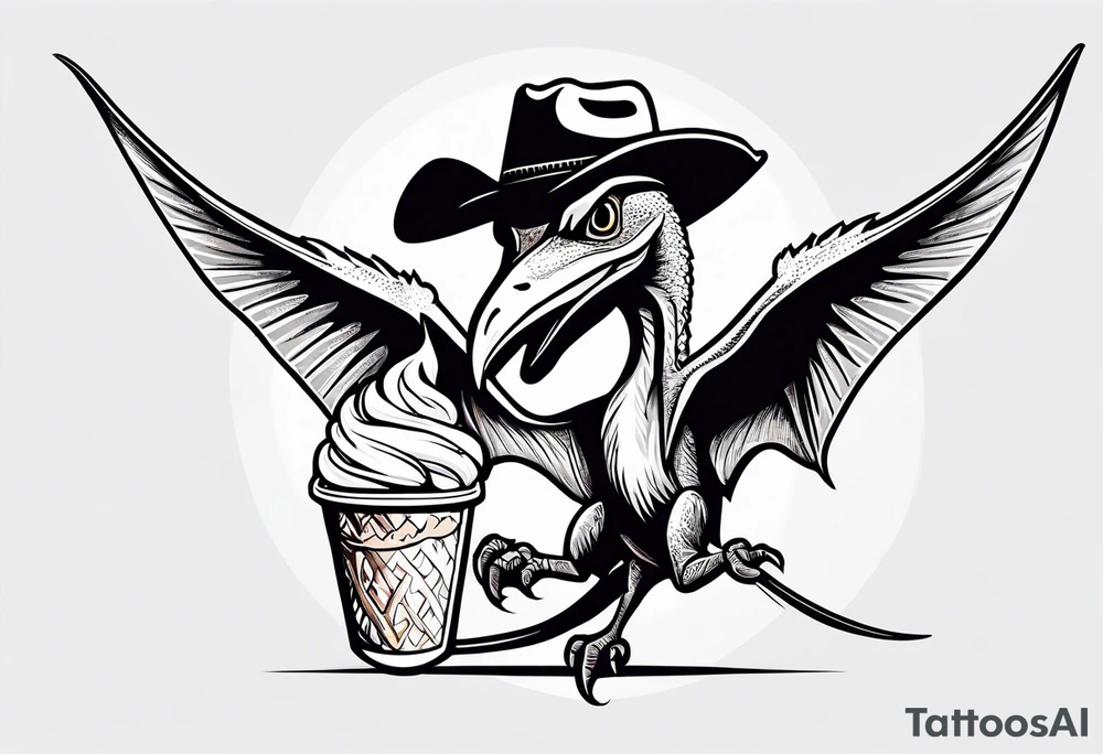 Pterodactyl wearing a cowboy hat eating ice cream sundae tattoo idea