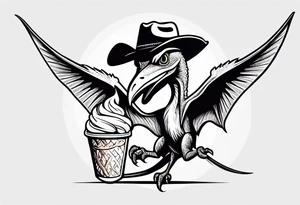 Pterodactyl wearing a cowboy hat eating ice cream sundae tattoo idea