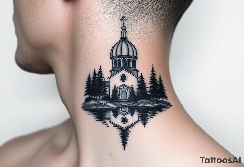 medium sized russian orthodox dome church with a separated virgin mary with a lake and pine trees on the sized of my neck tattoo idea