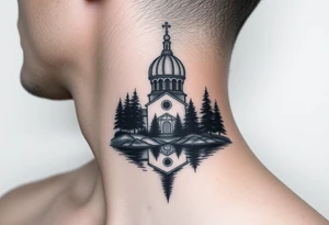 medium sized russian orthodox dome church with a separated virgin mary with a lake and pine trees on the sized of my neck tattoo idea