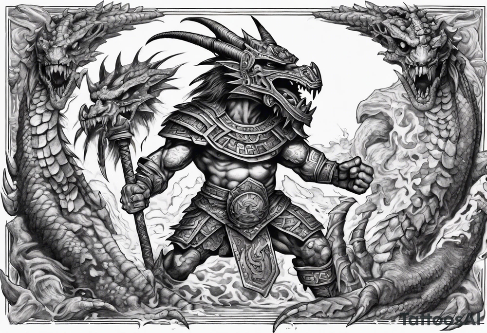 aztec dwarven warrior fighting against a dragon in the pits of hell tattoo idea