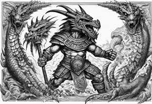 aztec dwarven warrior fighting against a dragon in the pits of hell tattoo idea