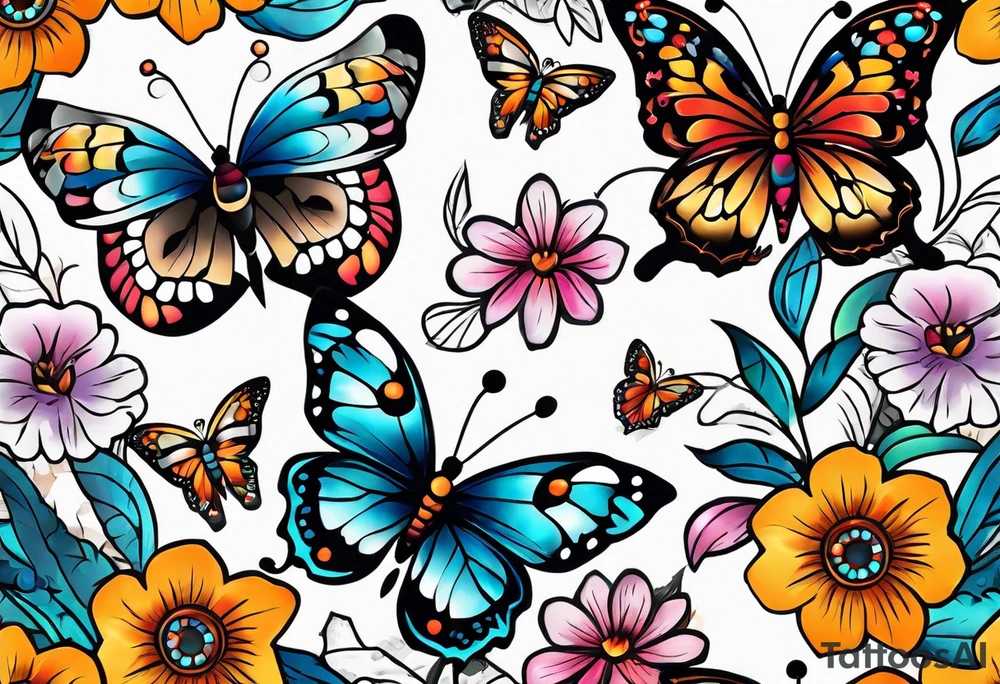 Sleeve with butterflies and colorful flowers tattoo idea