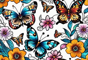 Sleeve with butterflies and colorful flowers tattoo idea