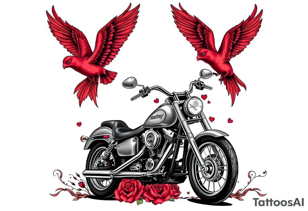 Harley grey motorcycle driving away, two red birds flying, roses, flames, angel wings tattoo idea