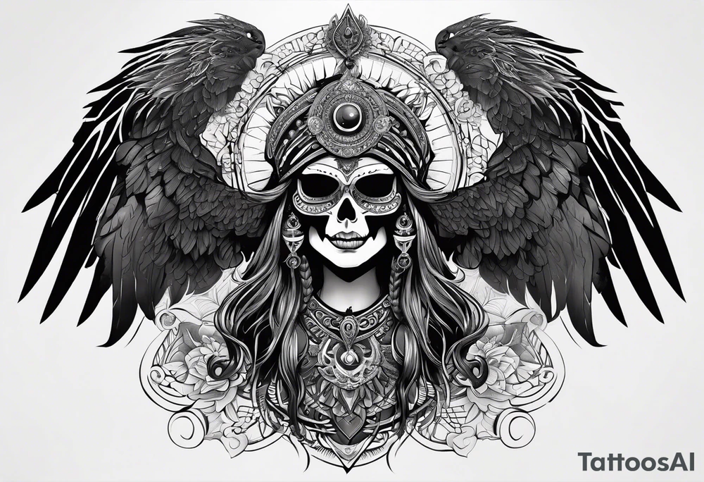 black kali, goddess pirate, alien, pachamama, valkrye, warrior, skull, lotus azul, wing, eagle, zenza resonance, stars, one side chest tattoo idea