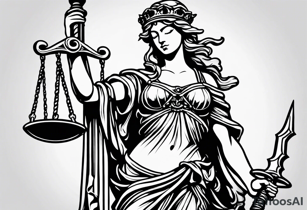 Lady justice with blindfolded eyes, holding a sword in the one hand and a libra in the other tattoo idea