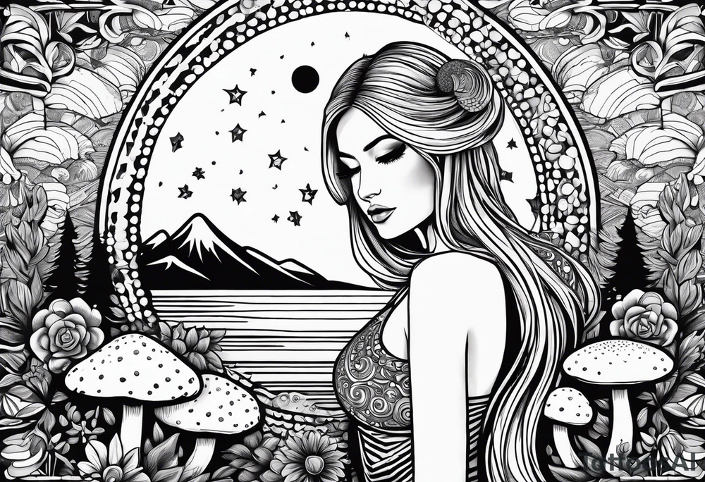 Straight blonde hair girl holding mushrooms in hand meditating facing away toward mountains surrounded by mushrooms crescent moon mandala circular design black and white striped dress tattoo idea