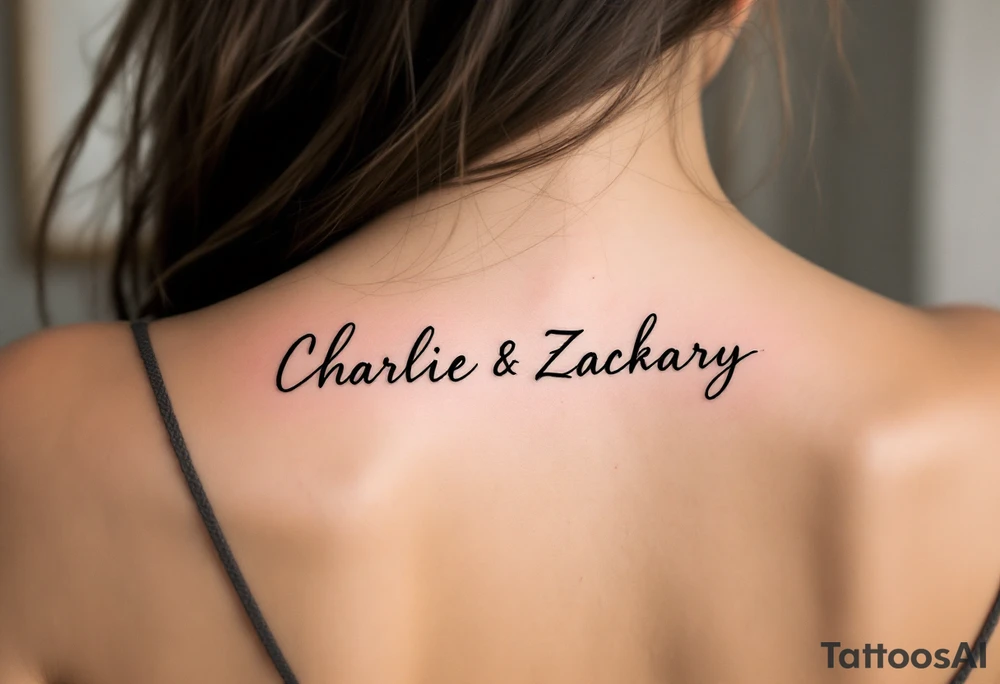 Create a delicate tattoo design that seamlessly integrates the names "Charlie" and "Zackary" in graceful, flowing cursive. Enclose the names within a softly stylized symbol that embodies strength and unity. add other symbol with it tattoo idea