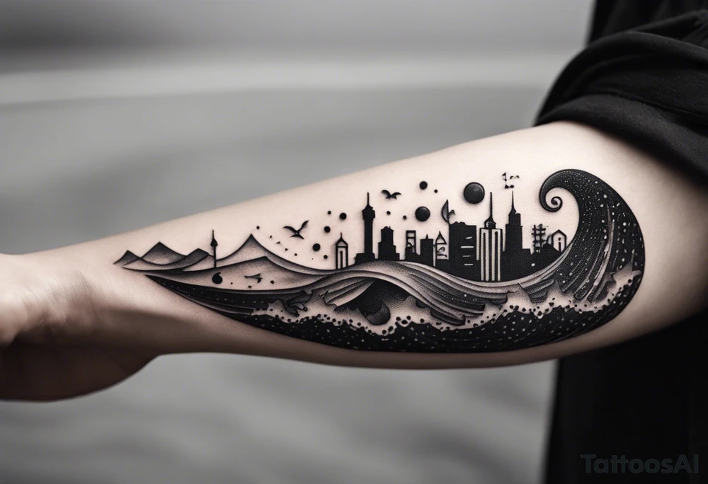 lots of empty space with simple line of icons down the back of the arm. there are four icons in this order:

1. a music note on a staff
2. a wave of water
3. a pocket
4. mushroom tattoo idea