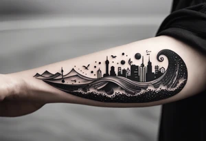 lots of empty space with simple line of icons down the back of the arm. there are four icons in this order:

1. a music note on a staff
2. a wave of water
3. a pocket
4. mushroom tattoo idea