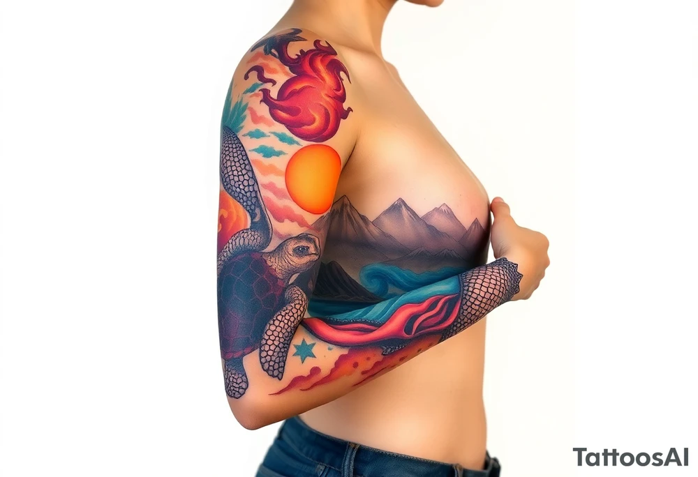 turtle sleeve with mountains, fire, water, air tattoo idea