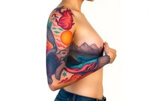 turtle sleeve with mountains, fire, water, air tattoo idea