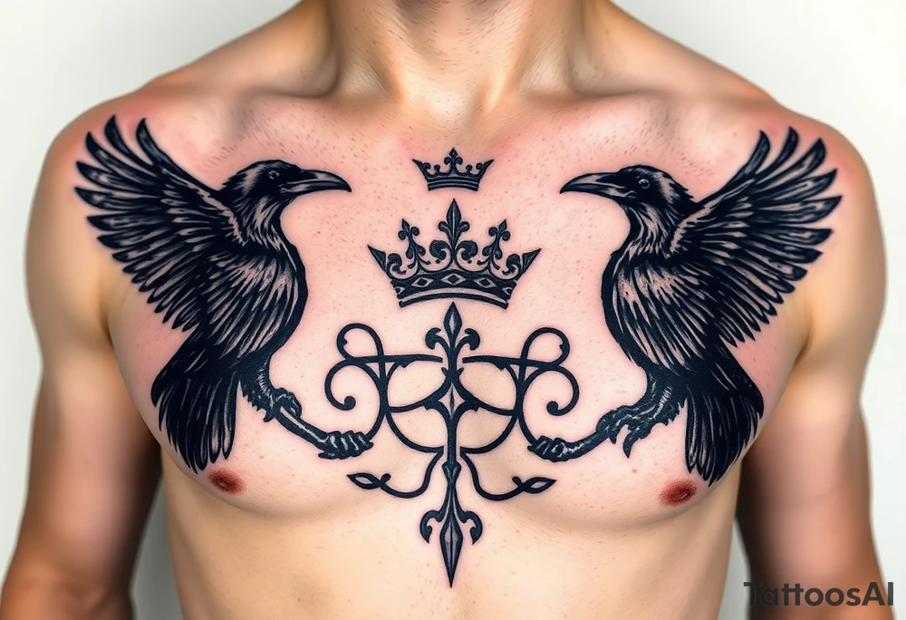 Chest tattoo, two ravens and icelandic symbols, dark brest tattoo, crown tattoo idea