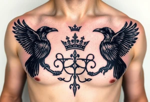 Chest tattoo, two ravens and icelandic symbols, dark brest tattoo, crown tattoo idea