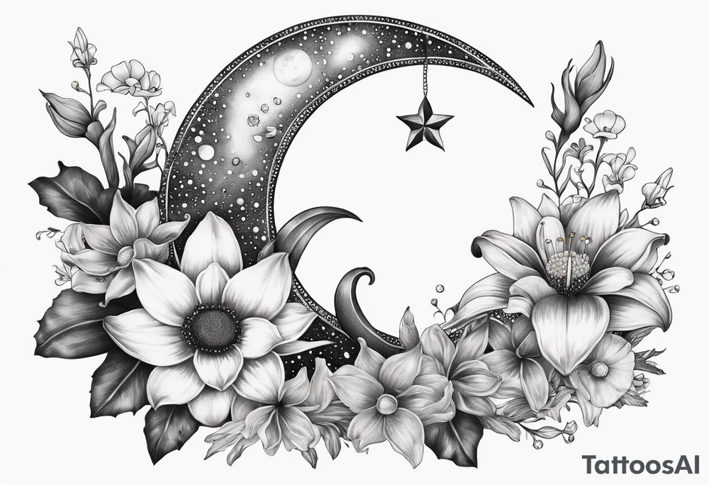 Crescent moon with daisy's, lily’s, crystals, and mushrooms tattoo idea