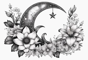 Crescent moon with daisy's, lily’s, crystals, and mushrooms tattoo idea