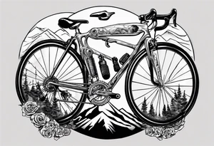 BMC road bicycle on a mountain placed on a barbell tattoo idea