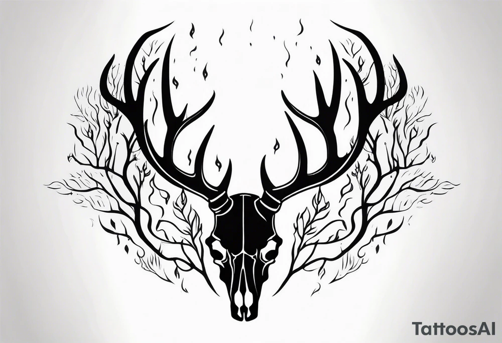 side profile of a deer skull JUST BONE surrounded by a flames and trees tattoo idea