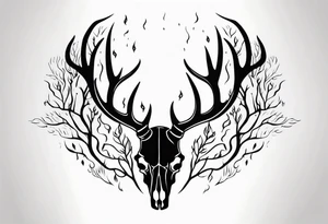 side profile of a deer skull JUST BONE surrounded by a flames and trees tattoo idea