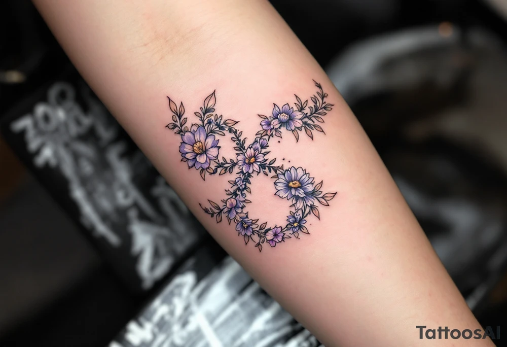 Floral infinity sign incorporating "Sofie – 8.6.2021 v 11:20" in lavender and soft beige. tattoo idea