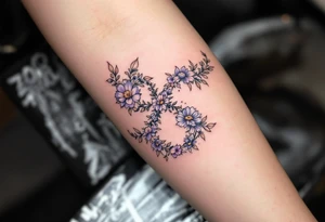 Floral infinity sign incorporating "Sofie – 8.6.2021 v 11:20" in lavender and soft beige. tattoo idea