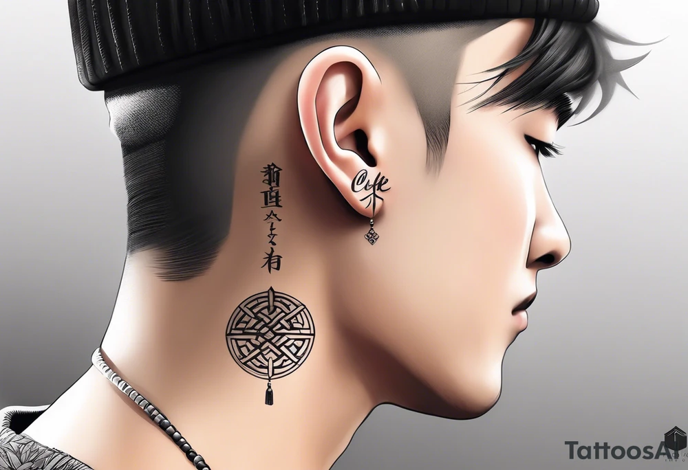Tattoo behind the ear saying “only one life” in Japanese on male tattoo idea