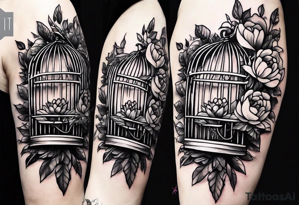 neo traditional foliage and flowers only on the left top of a long bird cage tattoo idea
