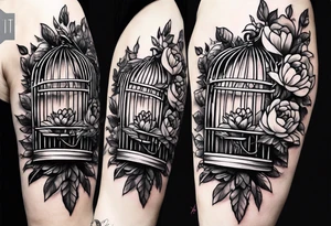 neo traditional foliage and flowers only on the left top of a long bird cage tattoo idea