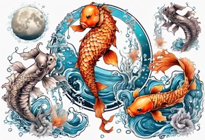 Water scene, featuring koi karp, jellyfish, seahorses and the moon. With nods to Pisces. tattoo idea