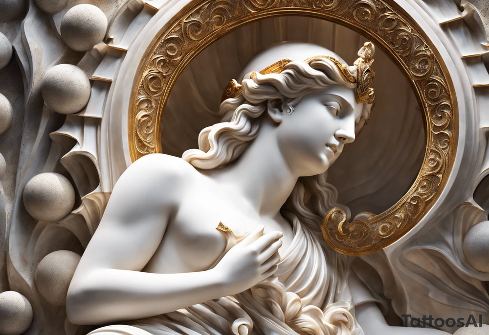 marble statue depicted in the process of breaking free from its stone confines, symbolizing the liberation of the mind and the pursuit of higher understanding. The statue's form, sculpted with meticulous detail, appears to be emerging from a celestial shell adorned with cosmic motifs and swirling galaxies. As the shell fractures, radiant beams of light pierce through, illuminating the surrounding space in a breathtaking display of enlightenment and awakening. In the background, a vast expanse of stars and celestial bodies stretches into infinity, evoking a sense of wonder and boundless potential. This tattoo serves as a powerful metaphor for breaking free from limitations and embracing the expansive universe of knowledge and possibility. tattoo idea